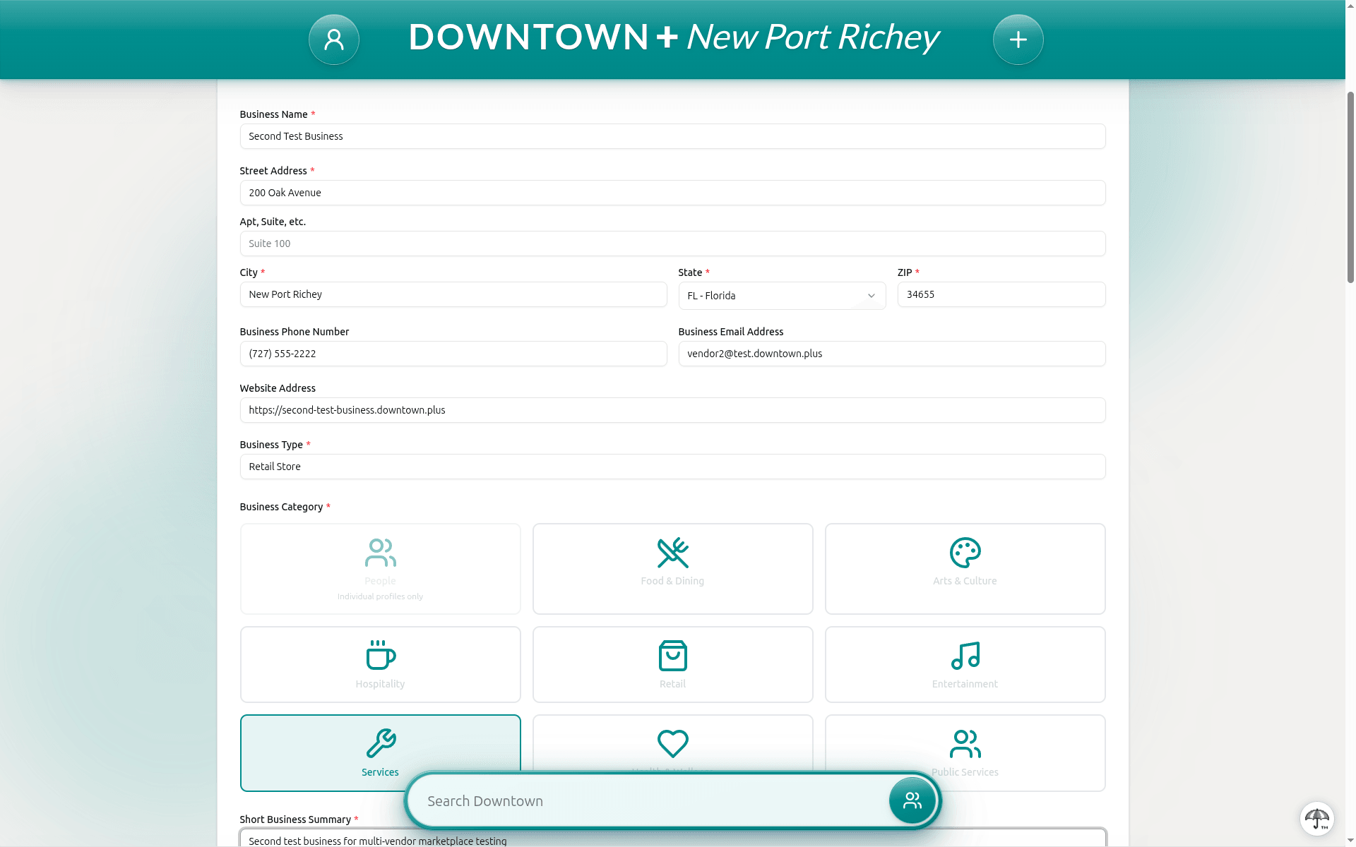 Business profile creation form with name, address, phone, email, website, and business type fields