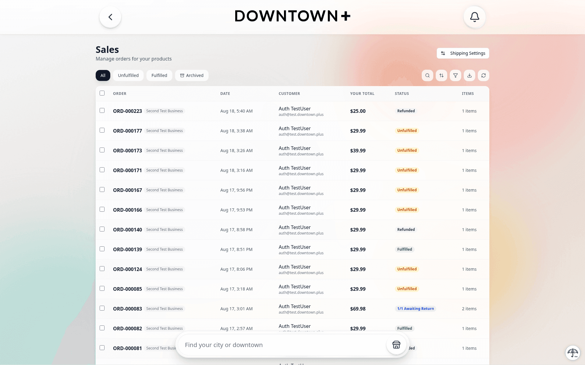 Vendor Sales page showing All, Unfulfilled, Fulfilled, and Archived filter pills with search and sort controls, above order rows with Refunded, Awaiting Return, Fulfilled, and Unfulfilled status badges