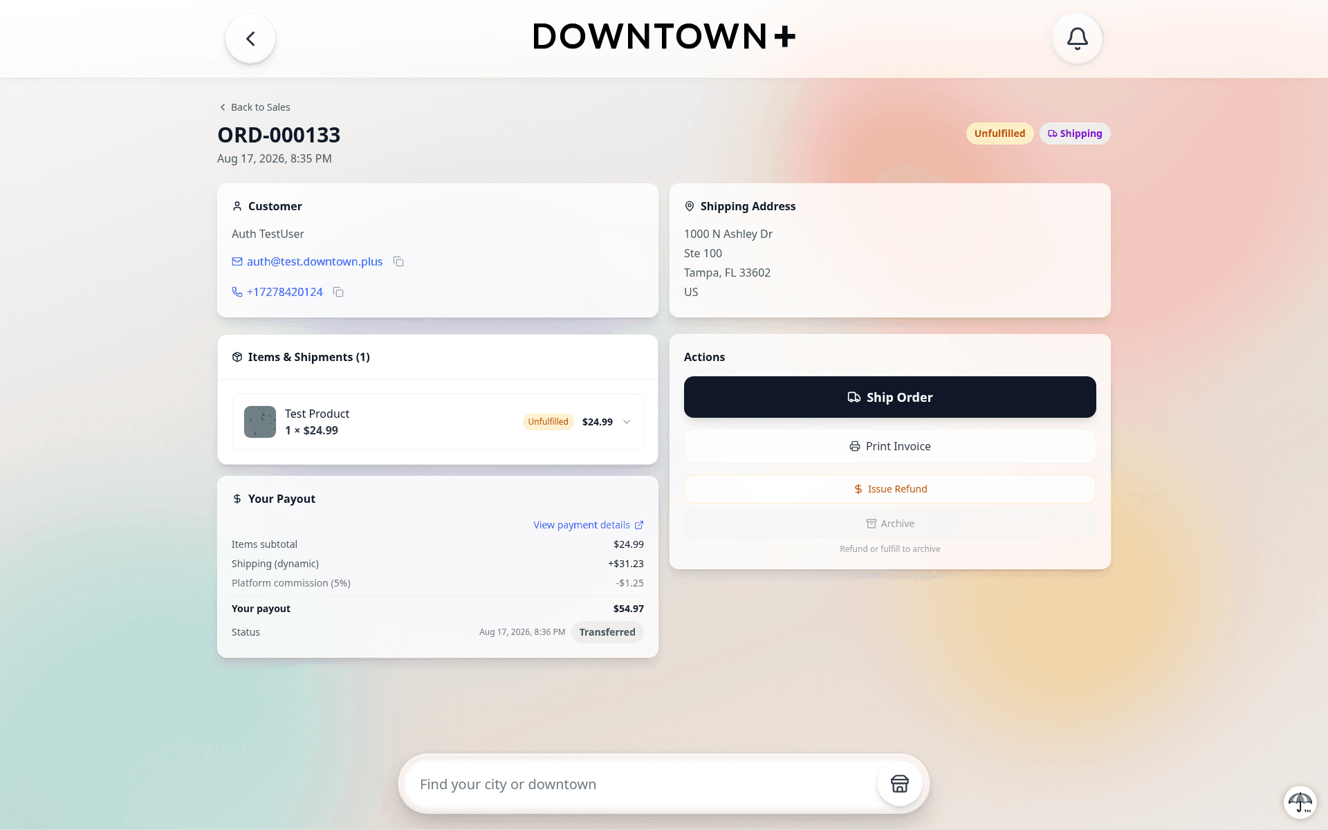 Vendor order detail page showing customer info, shipping address, item list with fulfillment status, payout breakdown, and Ship Order button