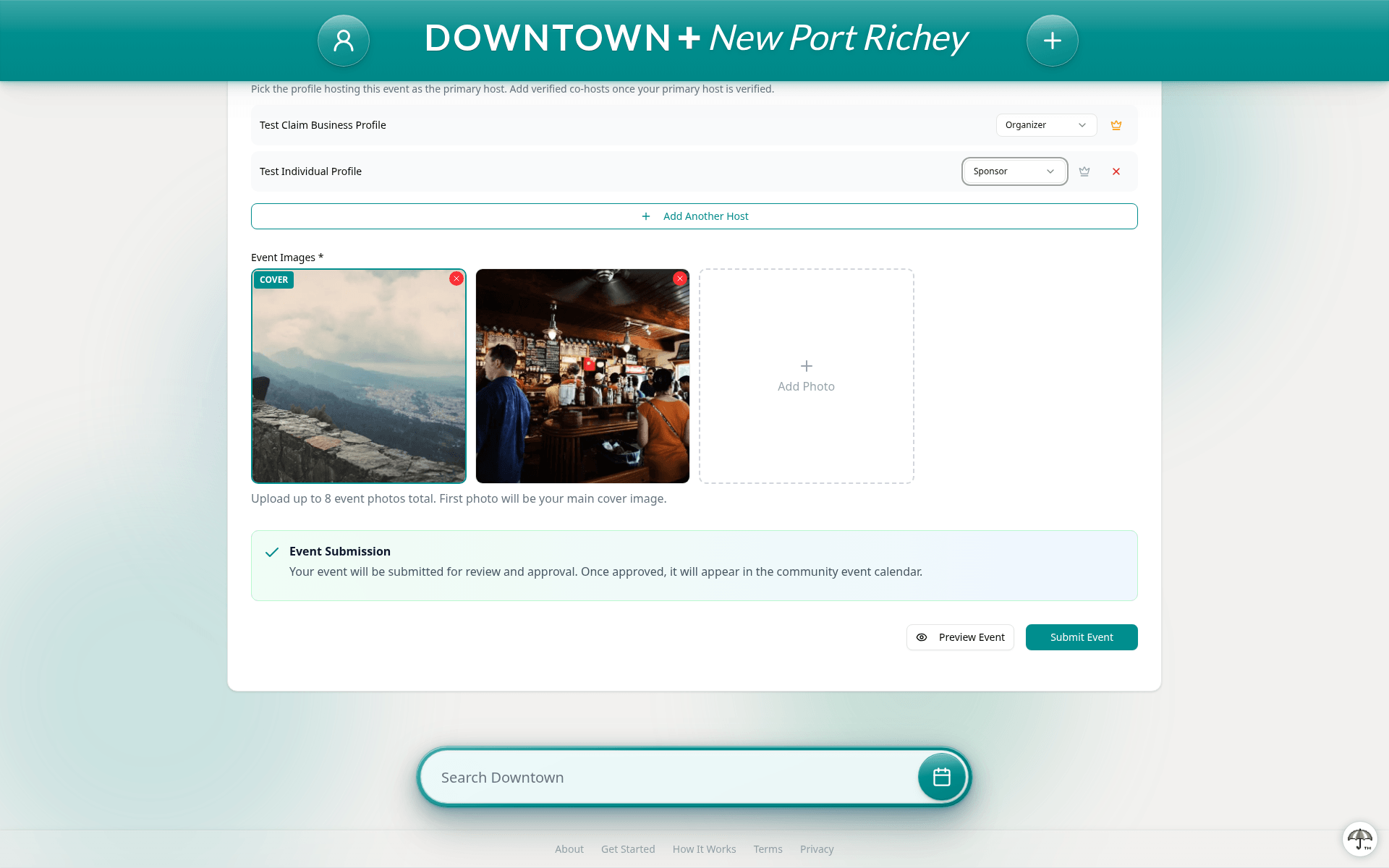 Event form bottom section showing host roles, event image upload with the cover image marked, and Submit Event button