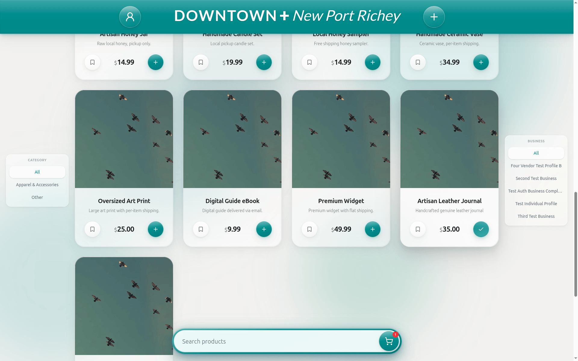 Shop page product grid with category and business filter sidebars, showing a quick-add button switching to a checkmark after an item is added and the cart badge incrementing to 1