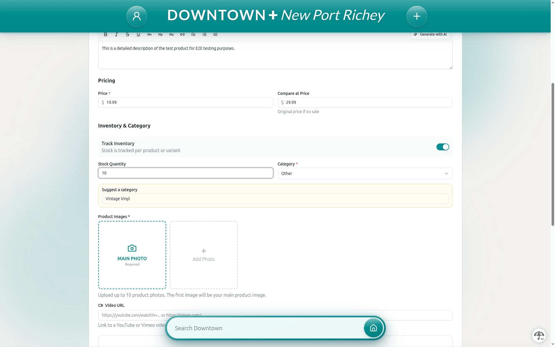 Product creation form showing description editor, pricing fields, inventory tracking toggle, category dropdown, and image upload area