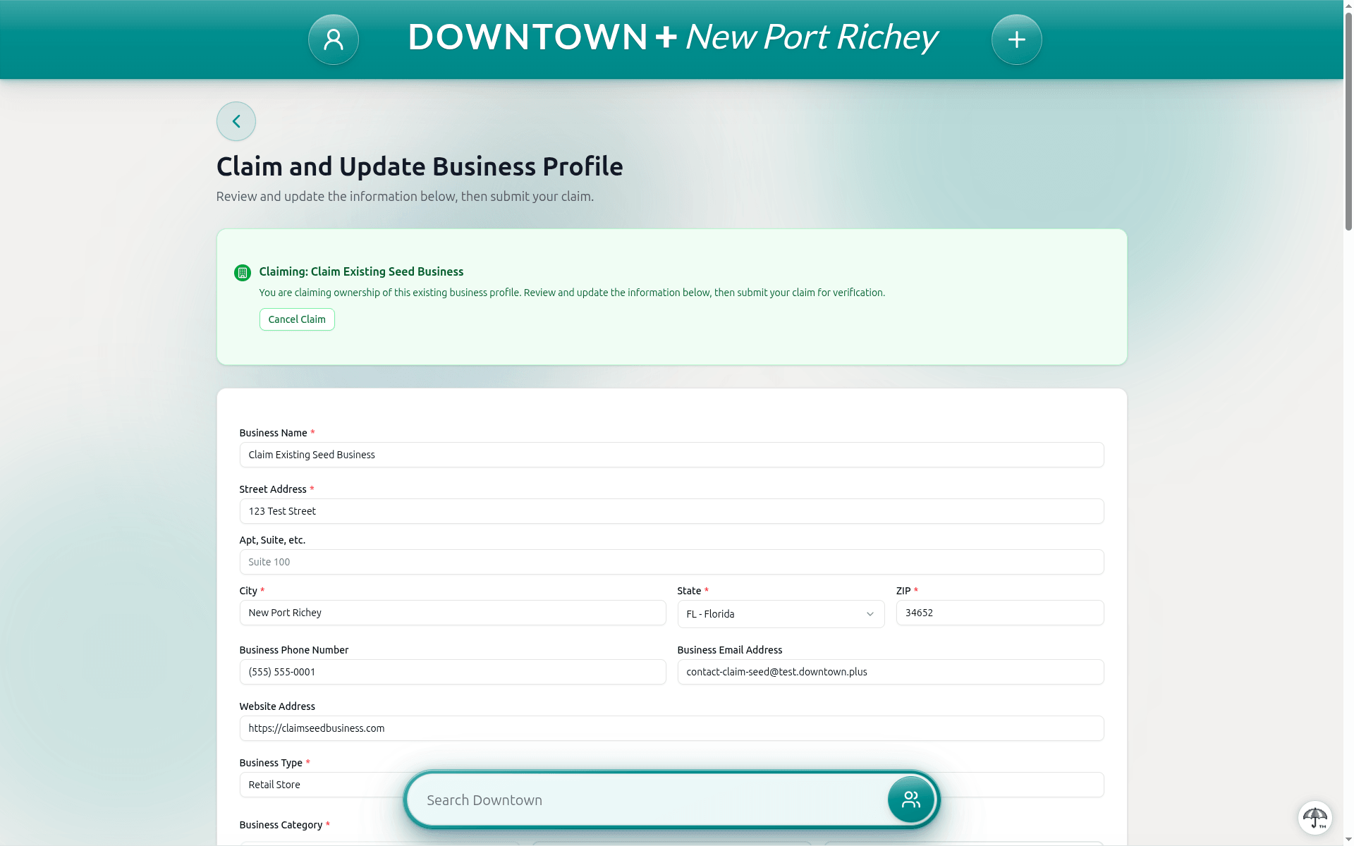 Claim and Update Business Profile page showing the green claiming banner with pre-populated business details