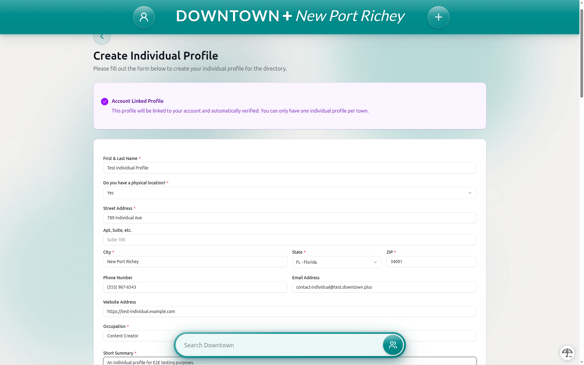 Individual profile form showing name, location, phone, email, occupation, and short summary fields