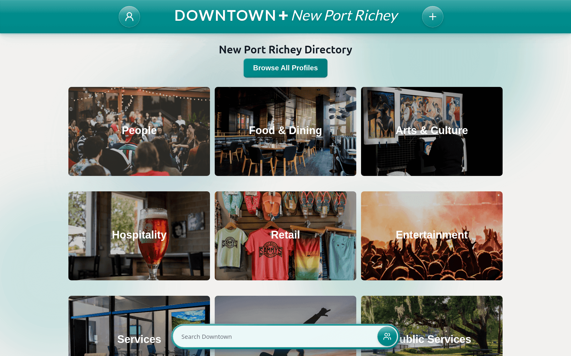 Downtown directory page with a Browse All Profiles button above a grid of photo category tiles: People, Food and Dining, Arts and Culture, Hospitality, Retail, Entertainment, Services, and Public Services
