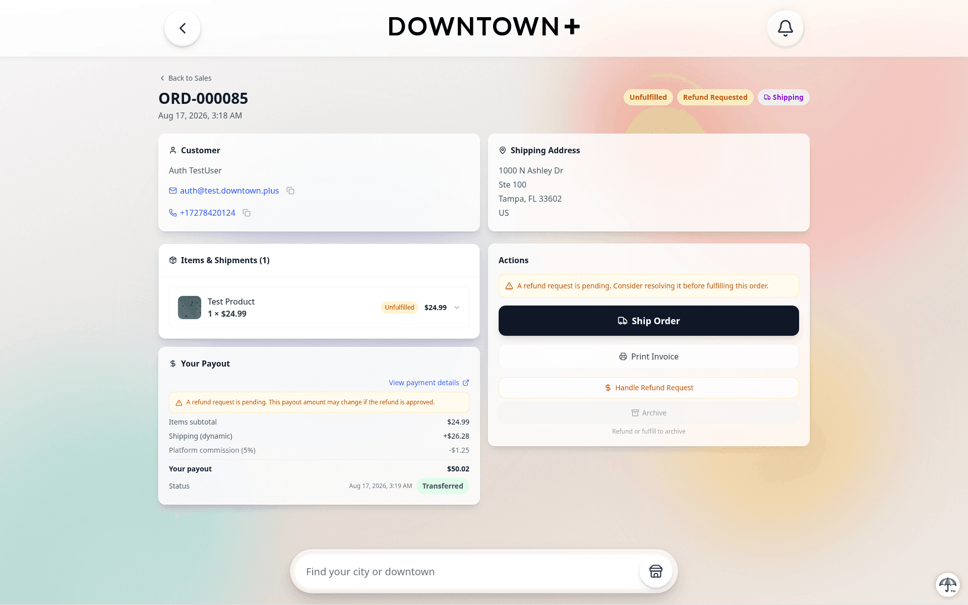 Vendor order detail showing the Your Payout panel with items subtotal, shipping, a 5 percent platform commission deduction, the net payout, and a Transferred status