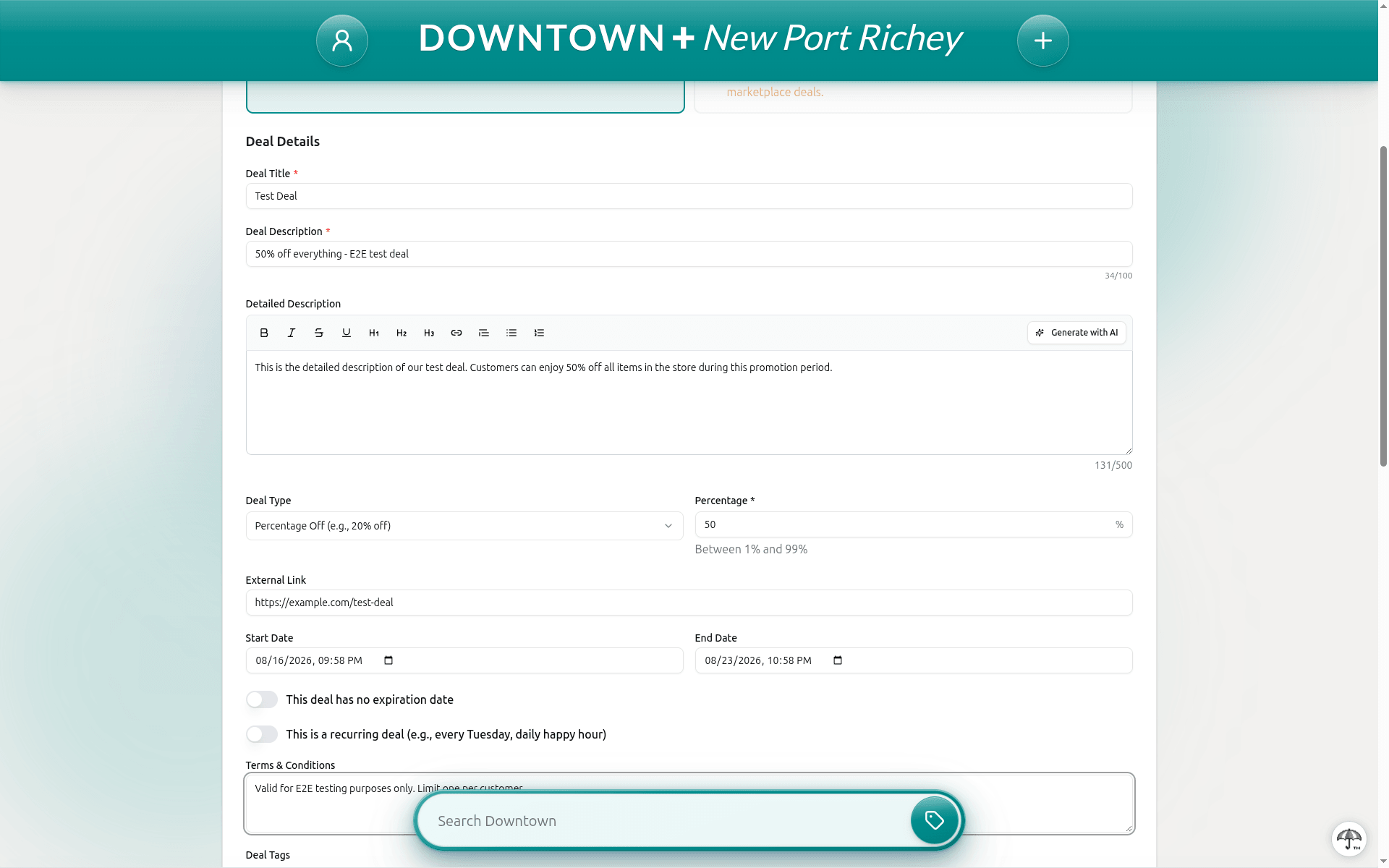 Deal creation form with title, description, rich text editor, deal type dropdown set to Percentage Off, start and end dates, and terms