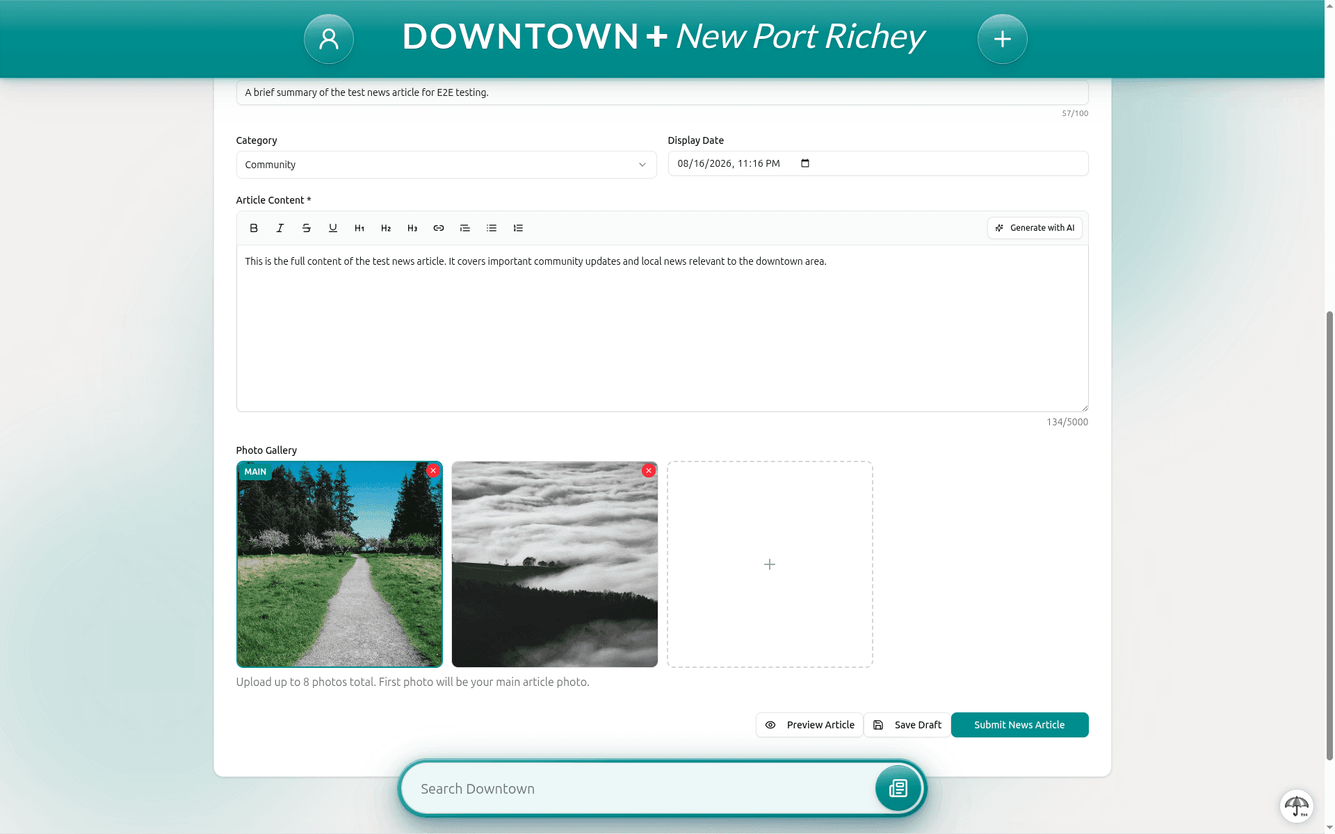 News article form showing summary, category, rich text editor with formatting toolbar, photo gallery with uploaded images, and Submit button