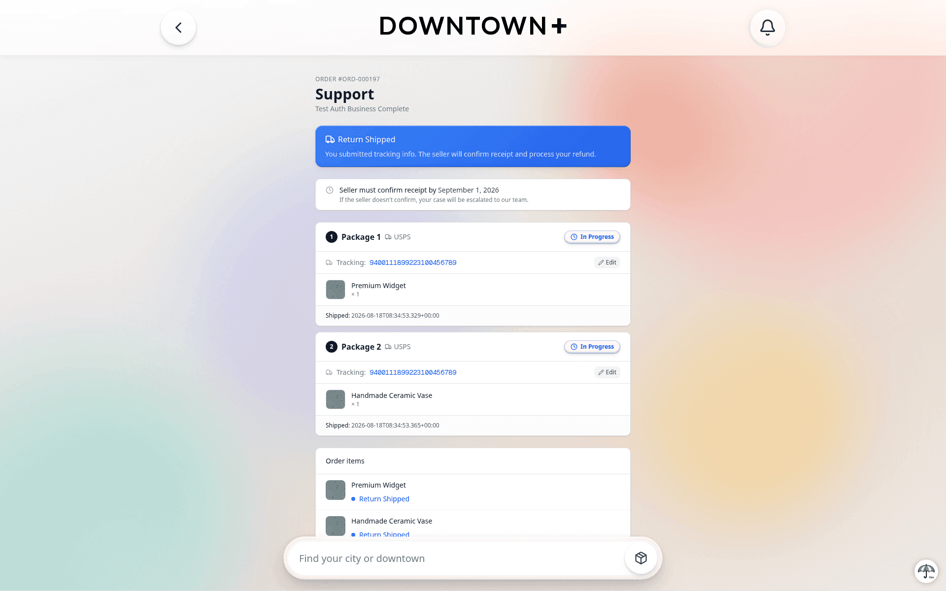 Customer support page showing a Return Shipped banner, the seller confirmation deadline, and per-package carrier tracking