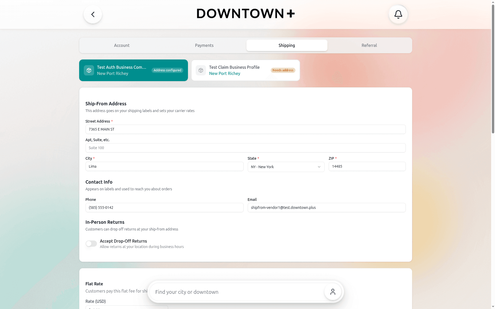Account settings Shipping tab showing a profile selector, ship-from address, contact info, and the in-person returns toggle
